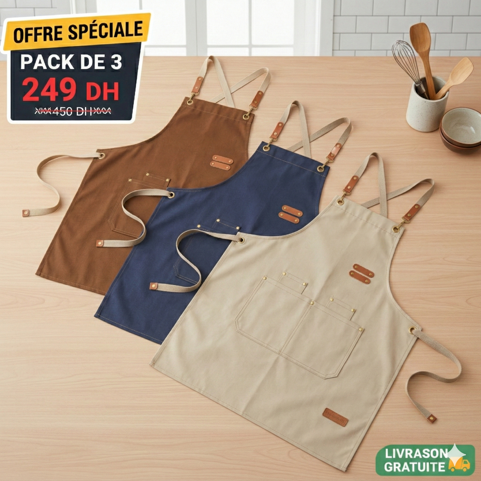 YT OFFRE SPÉCIALE : Pack de 3 Tabliers de Cuisine Premium (Couleurs Assorties)